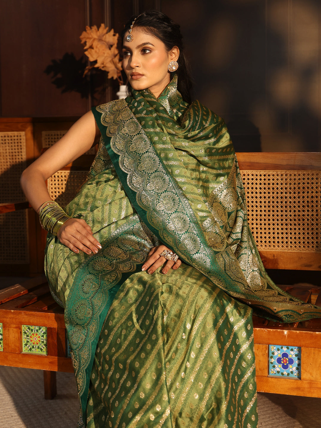 Libas Green Woven Design Silk Blend Tassel Saree