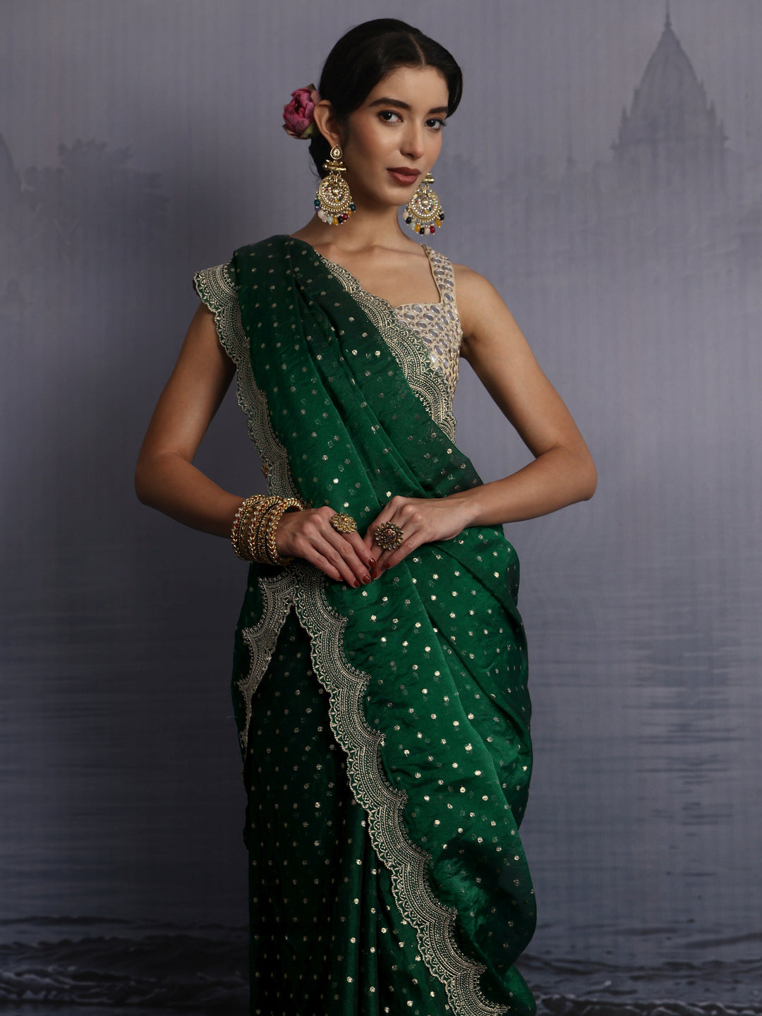  Libas Green Woven Design Tissue Saree with Scalloped Border 