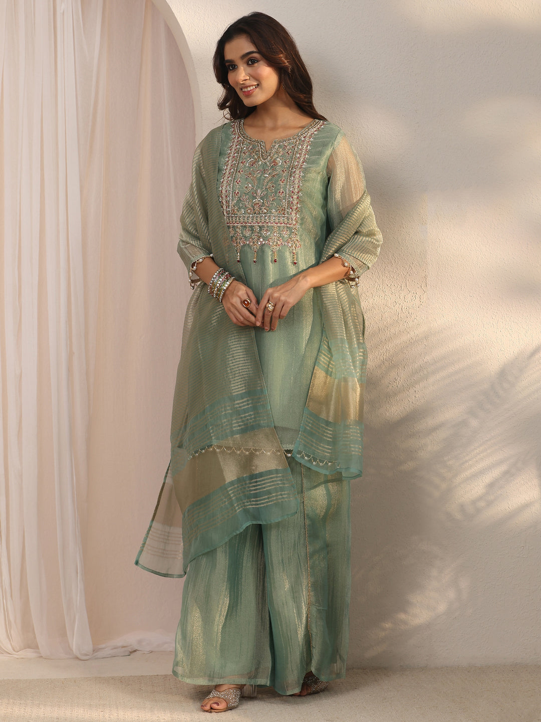  Libas Green Yoke Design Embellished Tissue Palazzo Suit Set 
