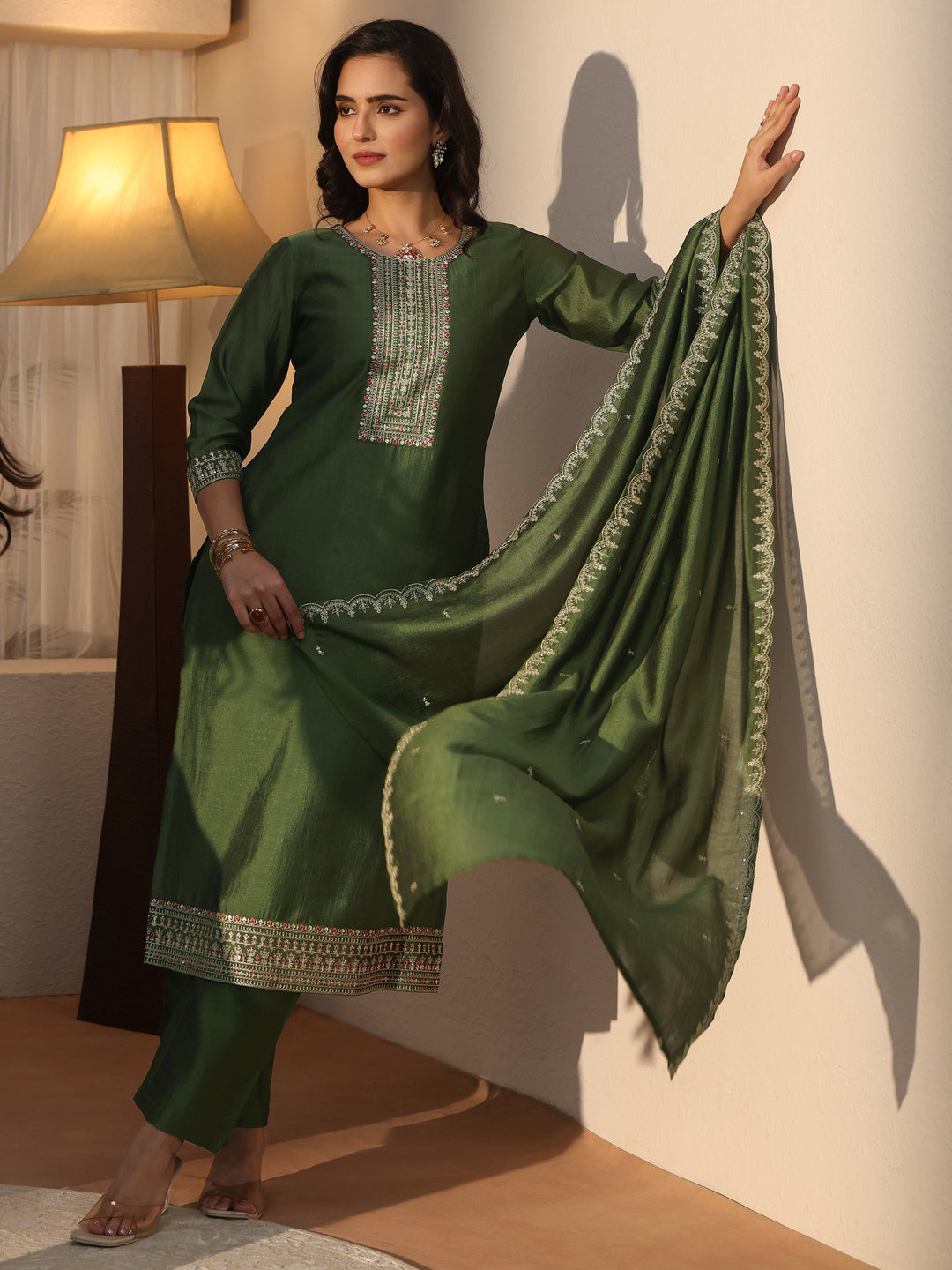  Libas Green Yoke Design Embroidered Chanderi Silk Straight Suit Set 