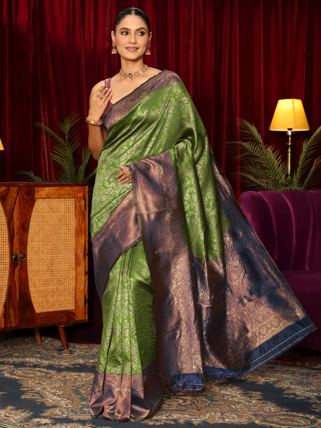 Libas Green and Blue Floral Woven Design Silk Blend Saree