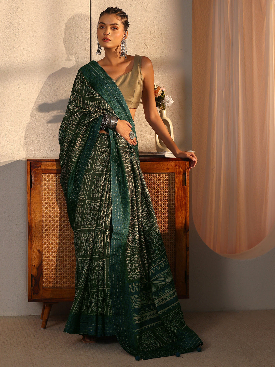  Libas Green and Blue Multi Ethnic Printed Silk Blend Saree 