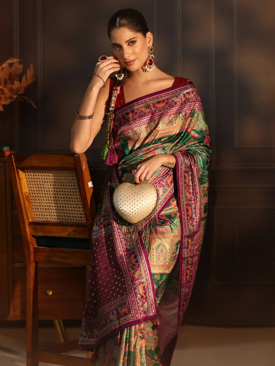  Libas Green and Maroon Mughal Printed Silk Blend Saree 