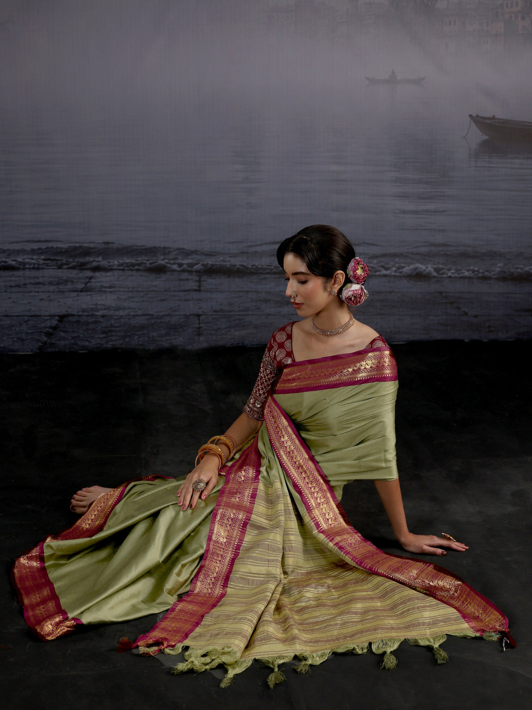 Libas Green and Maroon Silk Blend Tassel Saree with Woven Border