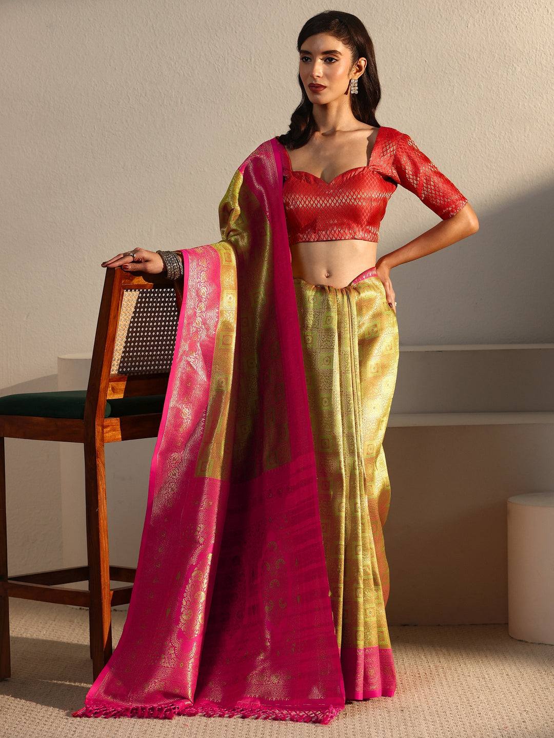 Libas Green and Pink Ethnic Woven Design Silk Blend Tassel Saree