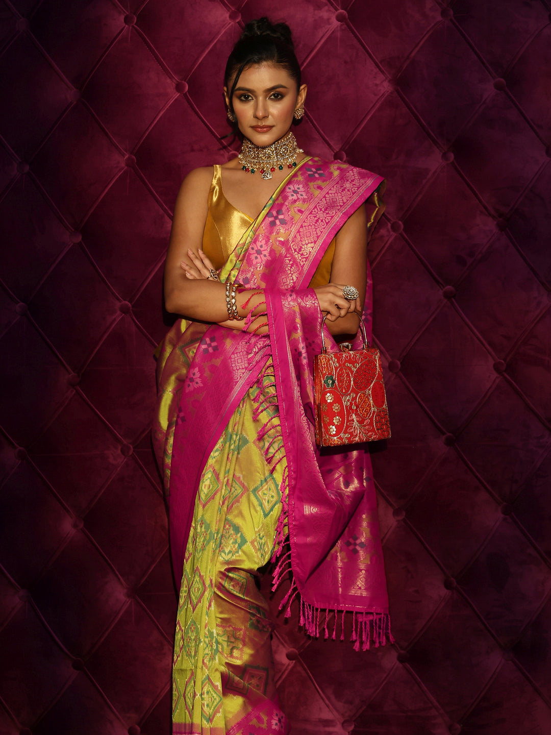 Libas Green and Pink Silk Blend Patola Saree