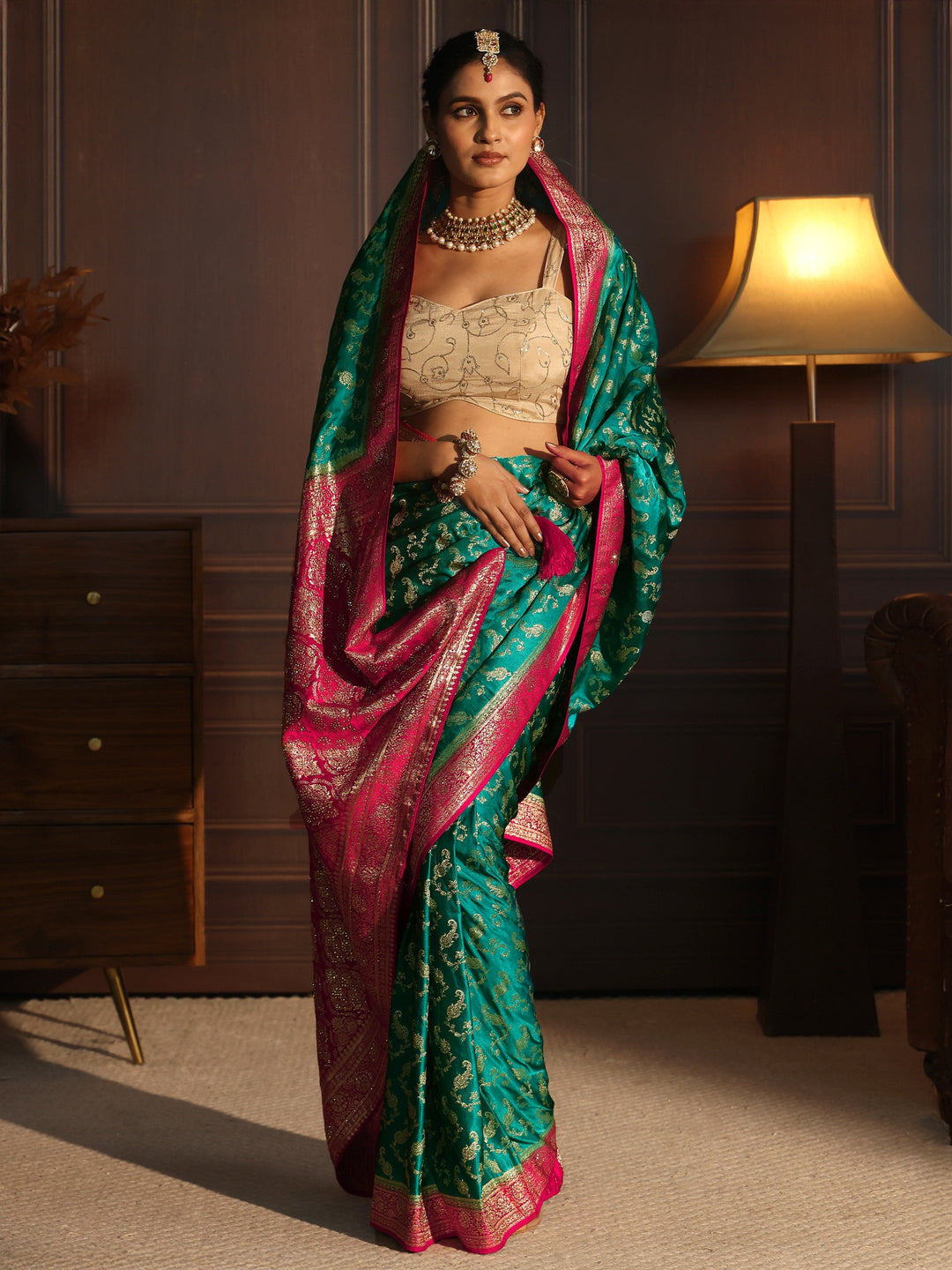Libas Green and Pink Woven Design Satin Saree with Embellished Pallu