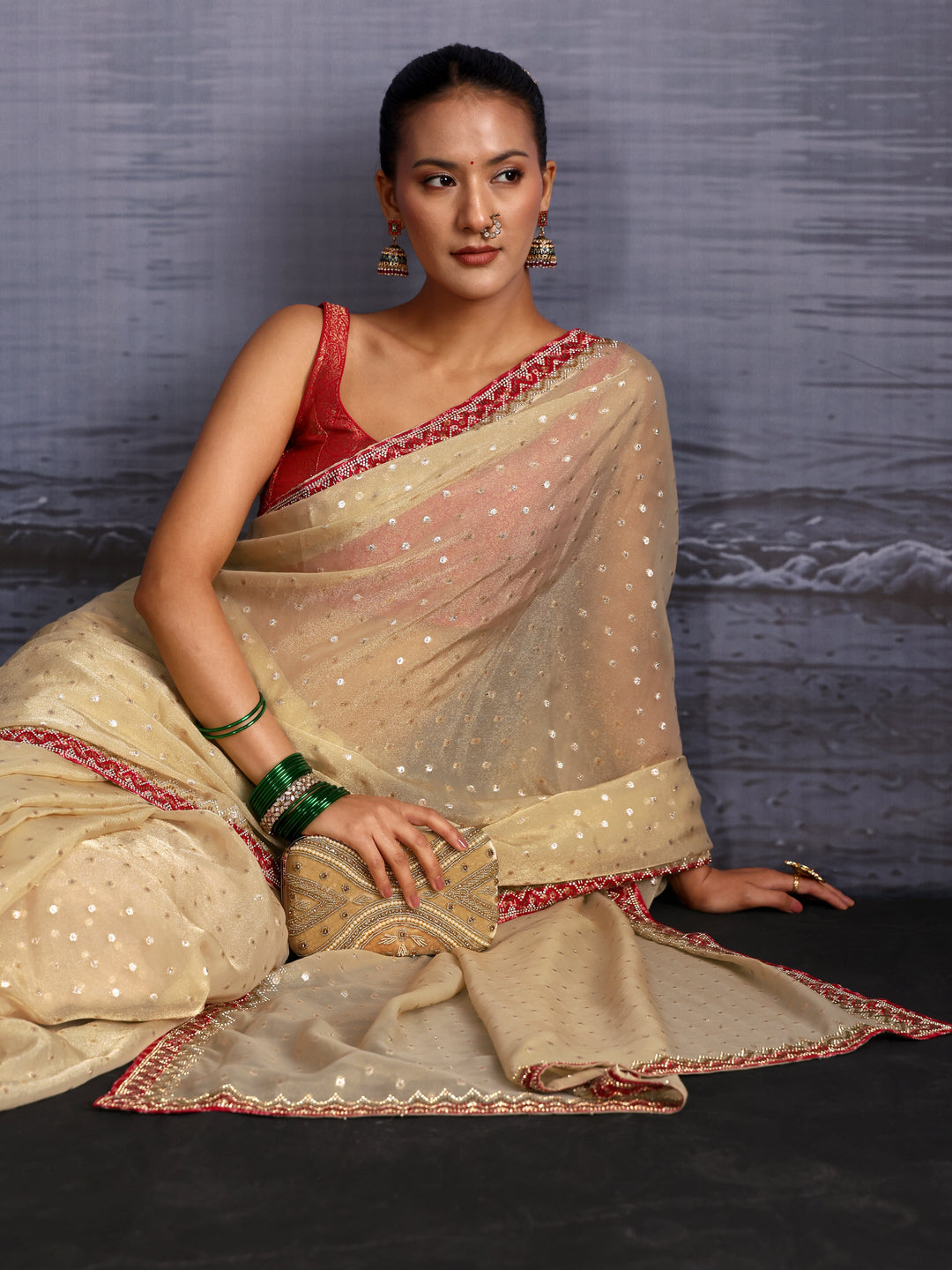  Libas Green and Pink Woven Design Tissue Saree with Embellished Border 