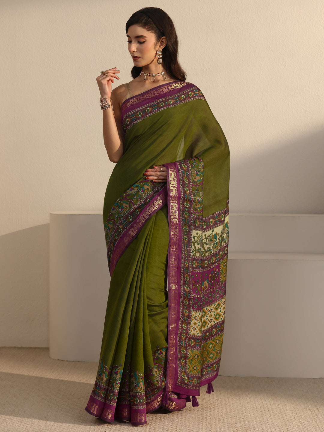 Libas Green and Purple Printed Silk Blend Tassel Saree