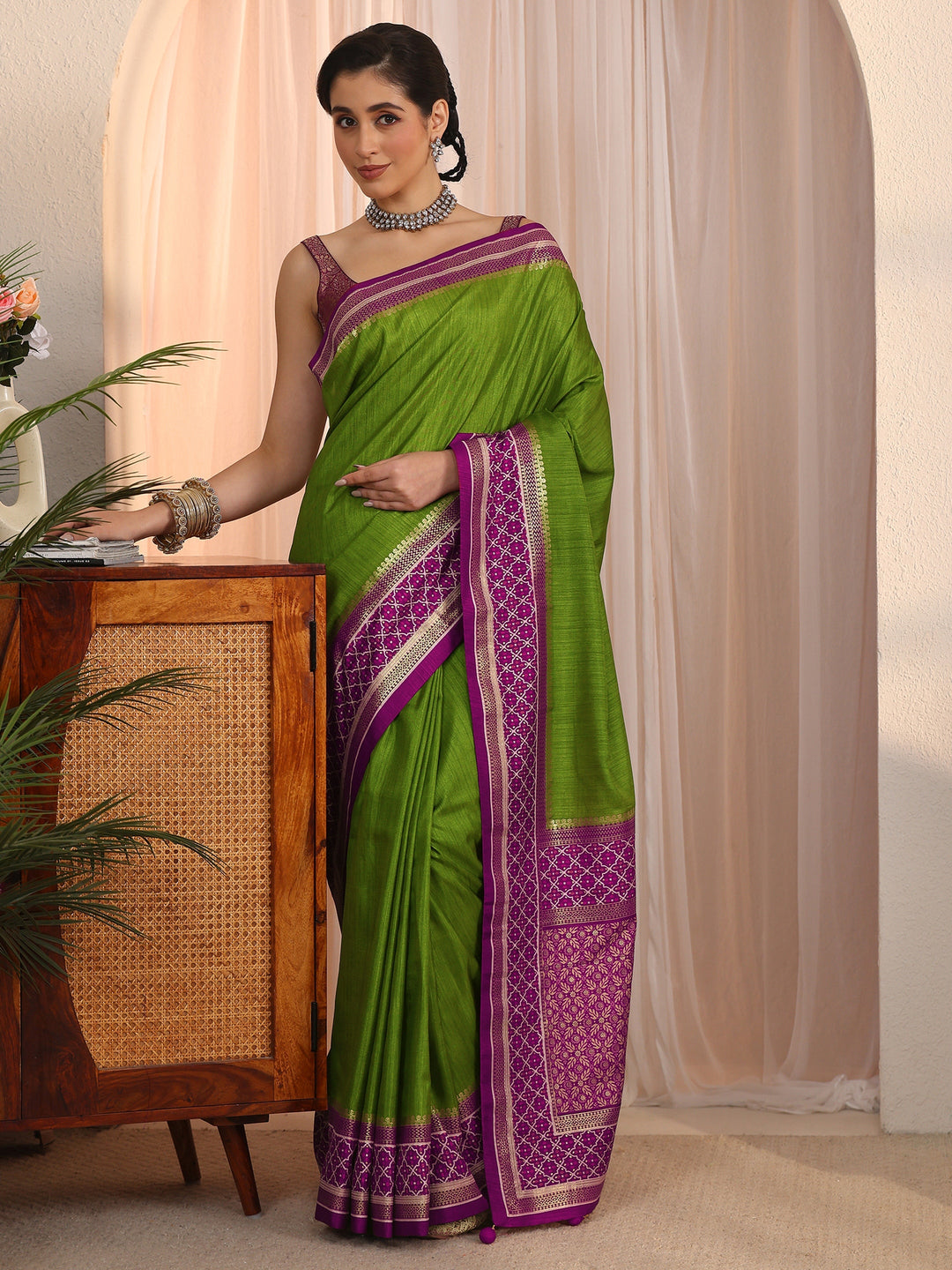  Libas Green and Purple Silk Blend Saree with Printed Border 