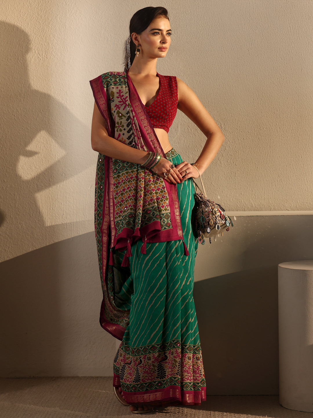 Libas Green and Red Leheriya Printed Silk Blend Tassel Saree
