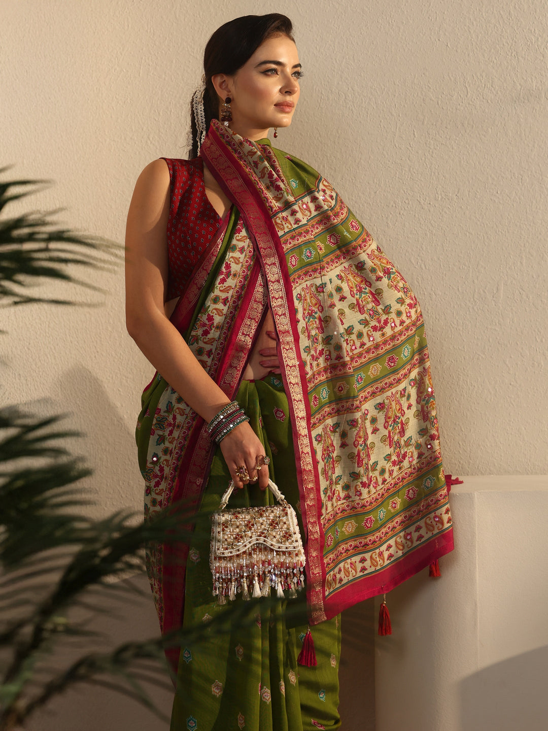 Libas Green and Red Printed Mirror Work Silk Blend Tassel Saree