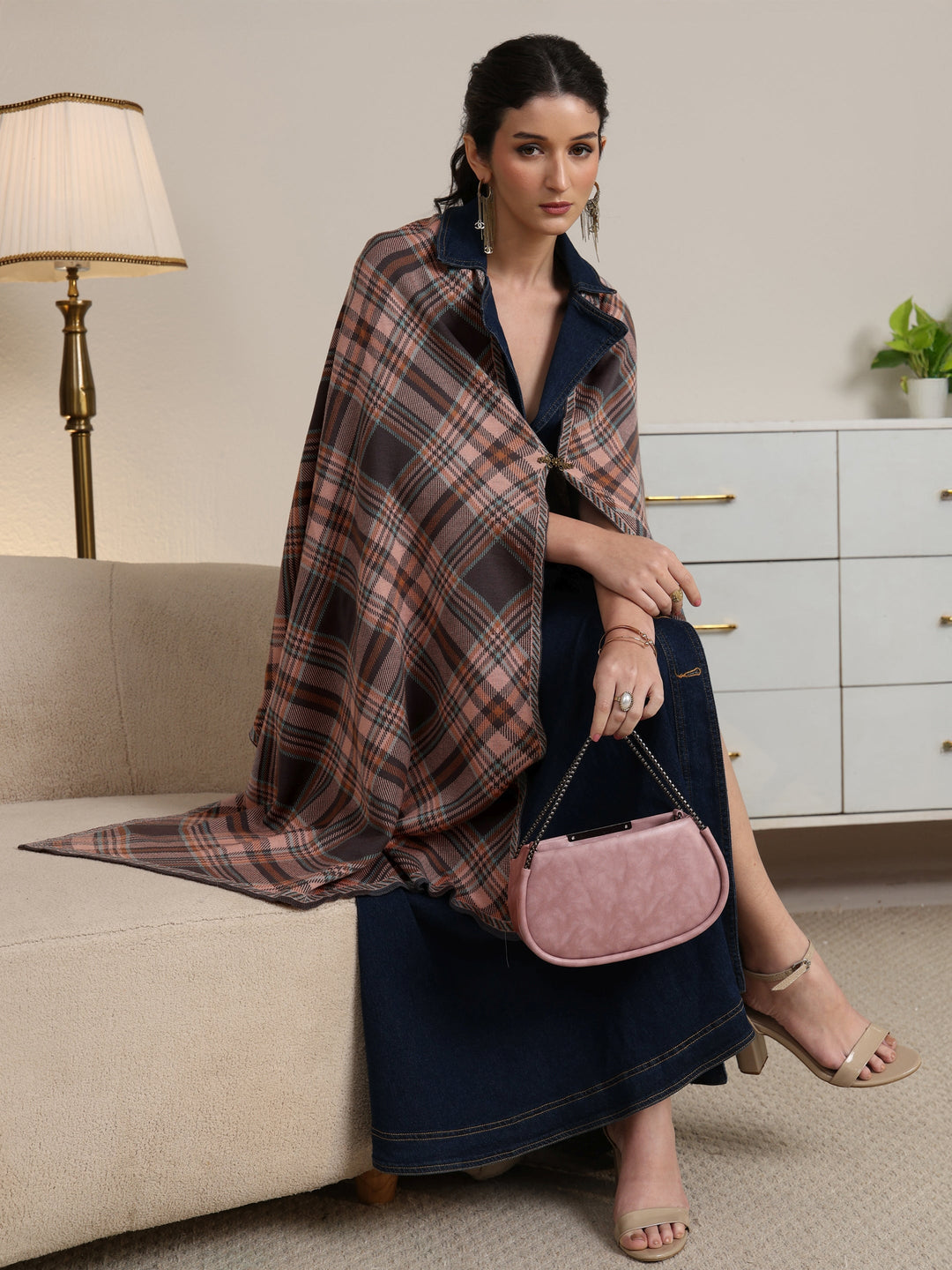  Libas Grey Checked Knitted Acrylic Wrap Shawl 