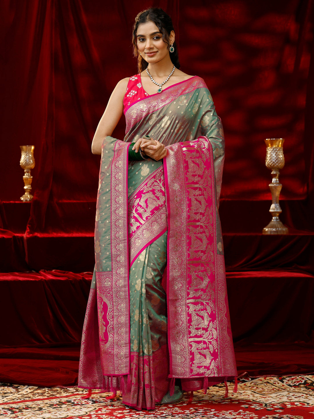  Libas Grey Ethnic Motif Woven Design Silk blend Saree with dupatta 