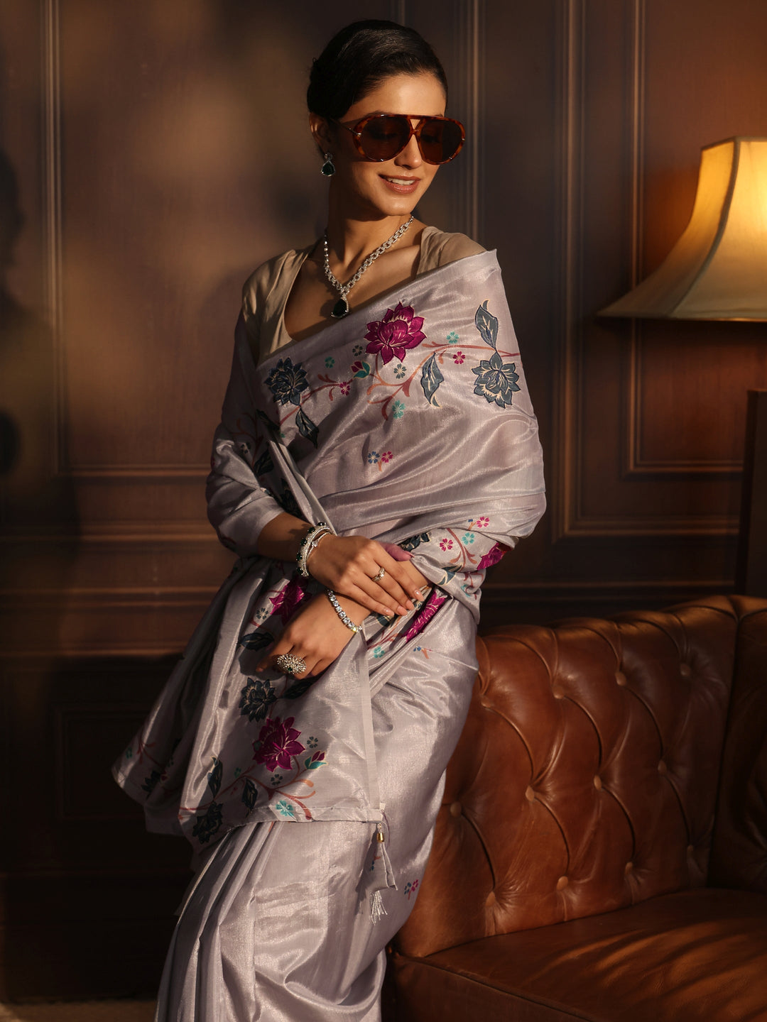 Libas Grey Floral Embroidered Silk Blend Saree