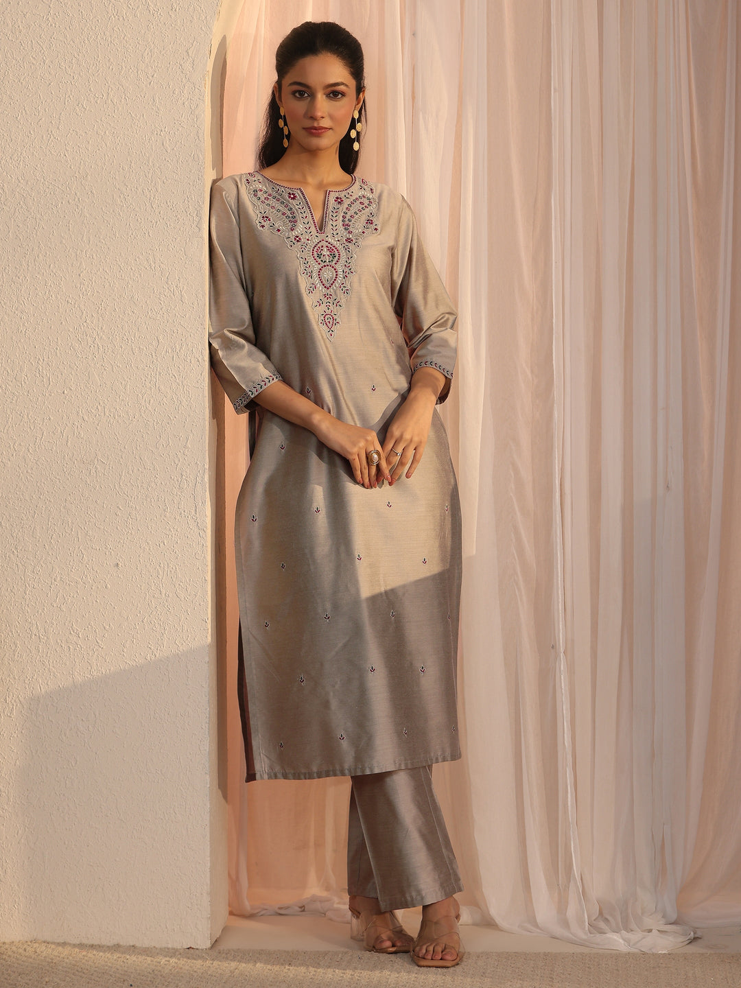  Libas Grey Floral Embroidered Silk Blend Straight Kurta Set 