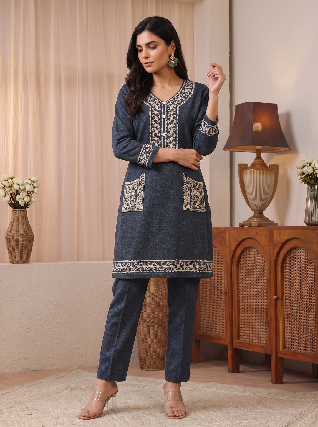 Libas Grey Floral Embroidered Woolen Co-Ord Set