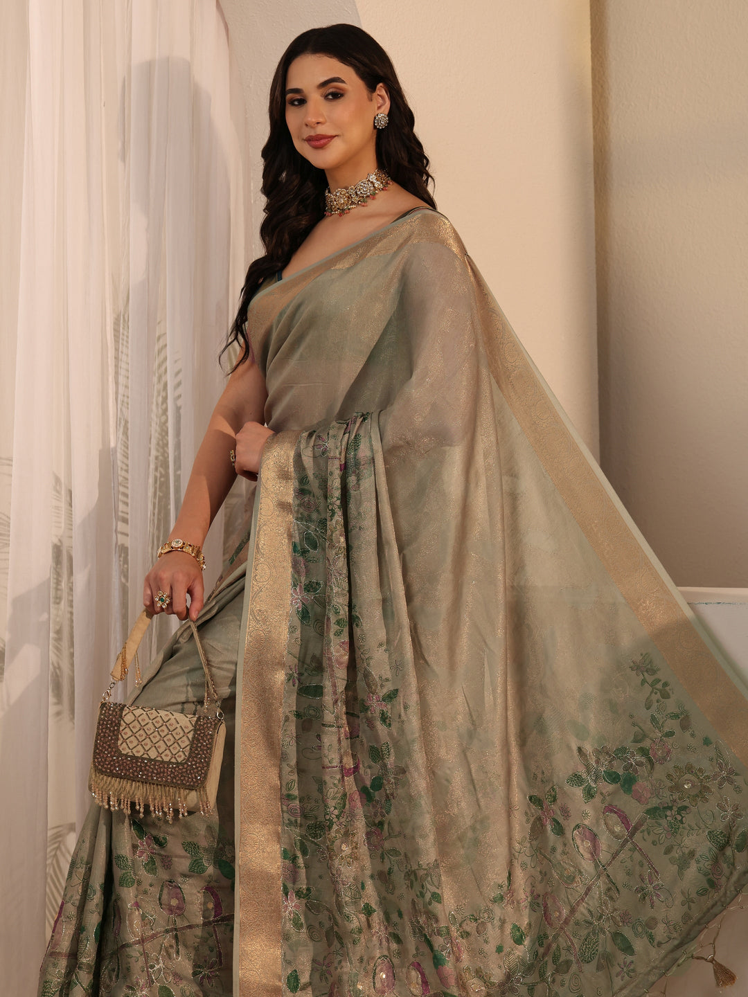 Libas Grey Floral Printed Silk Blend Tassel Saree