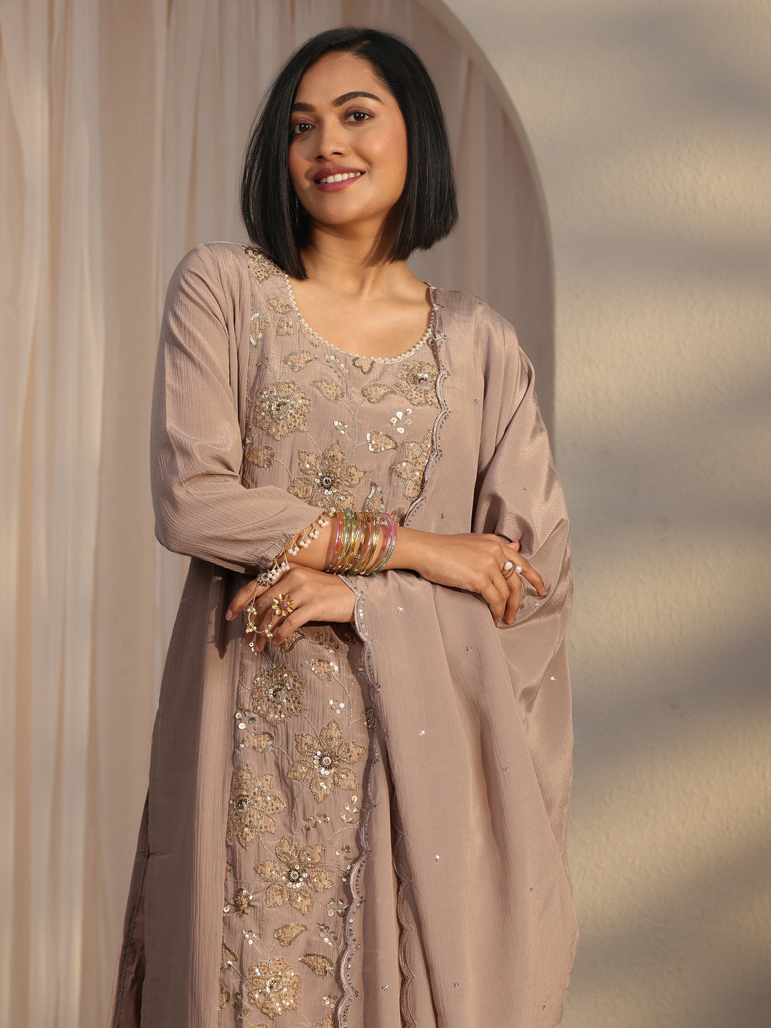  Libas Grey Floral Sequin Embellished Chinon Palazzo Suit Set 