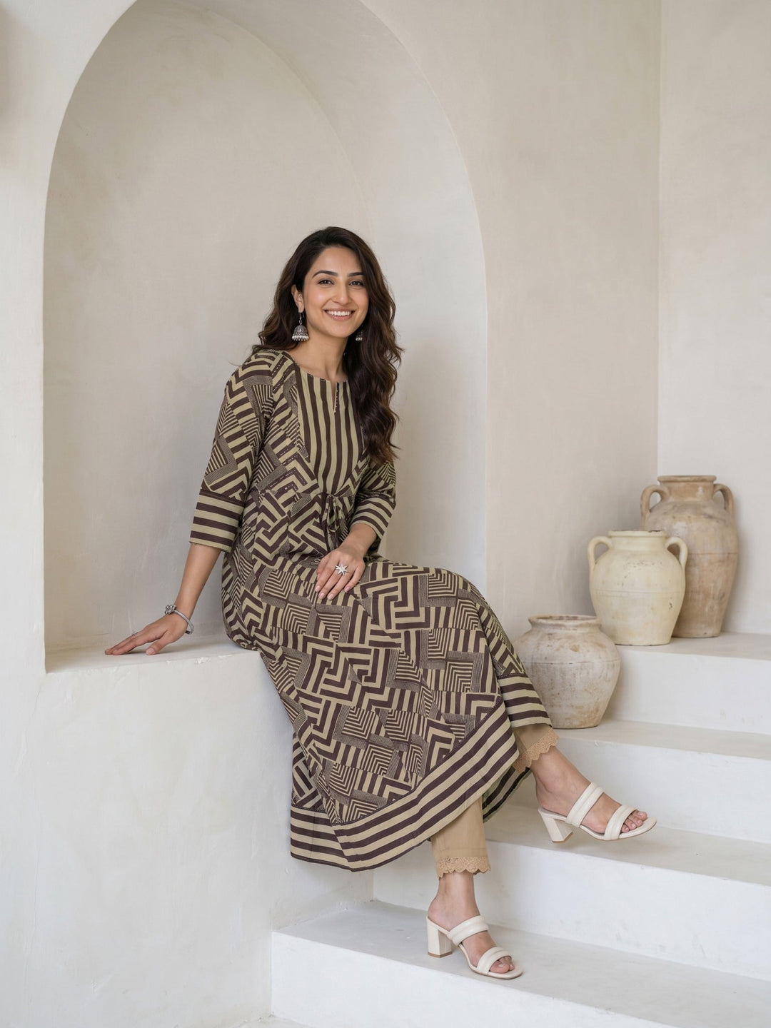  Libas Grey Geometric Printed Cotton Straight Kurta with Long Shrug 