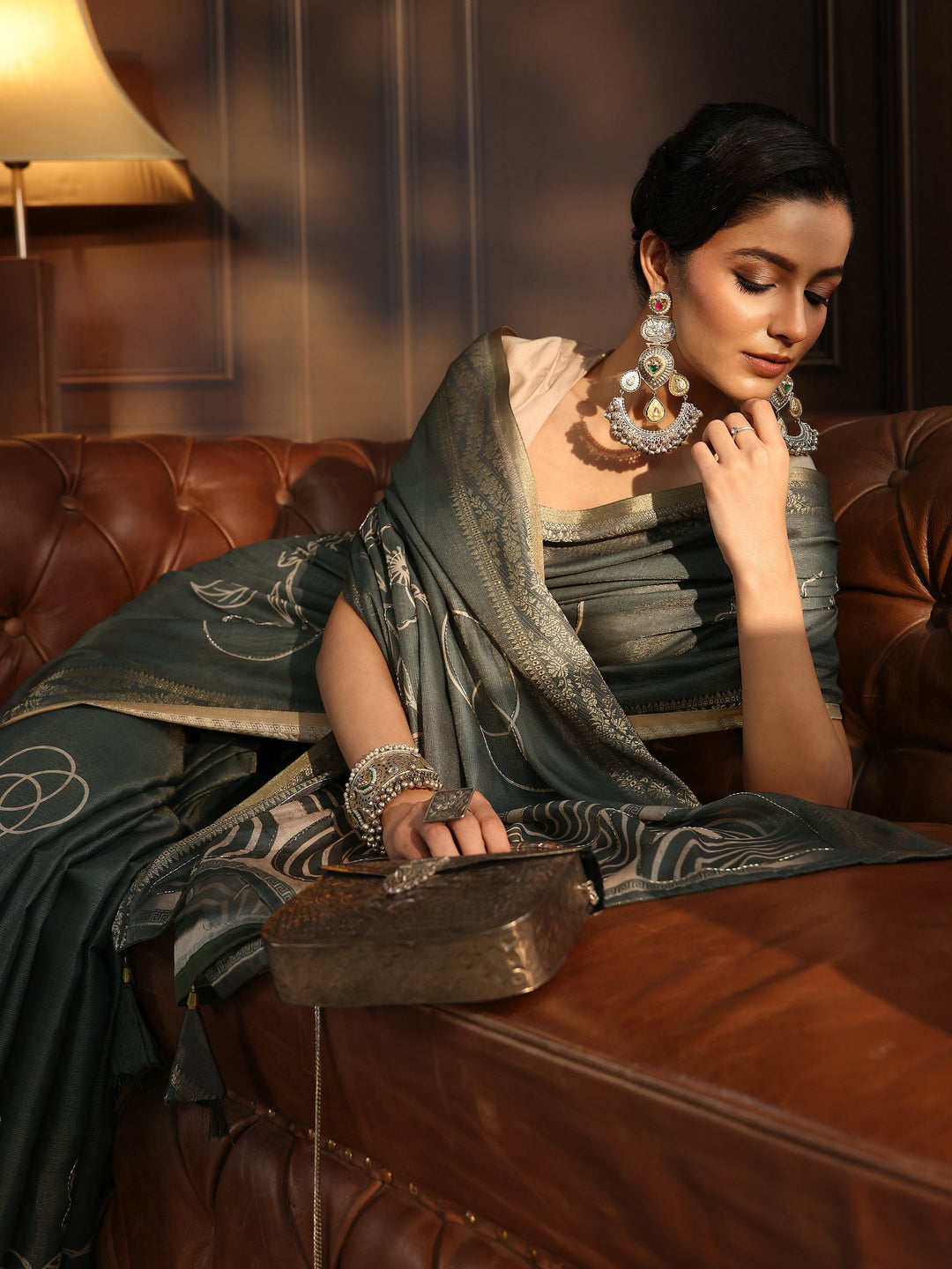 Libas Grey Green Floral Printed Embellished Silk Blend Saree