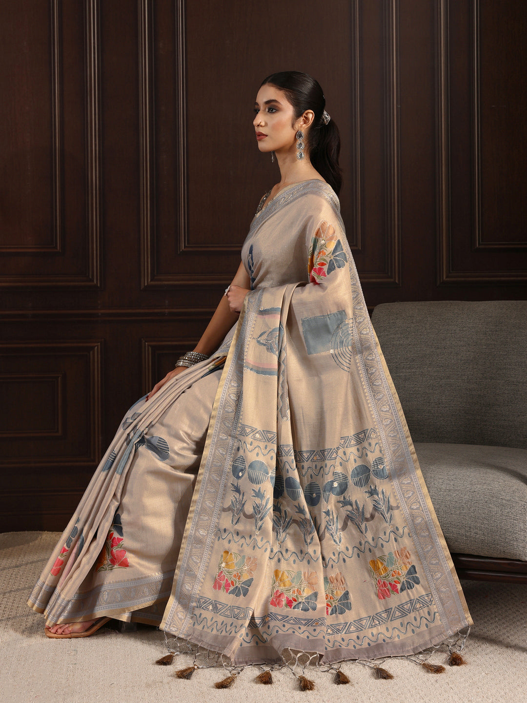 Libas Grey Multi Printed Silk Blend Tassel Saree