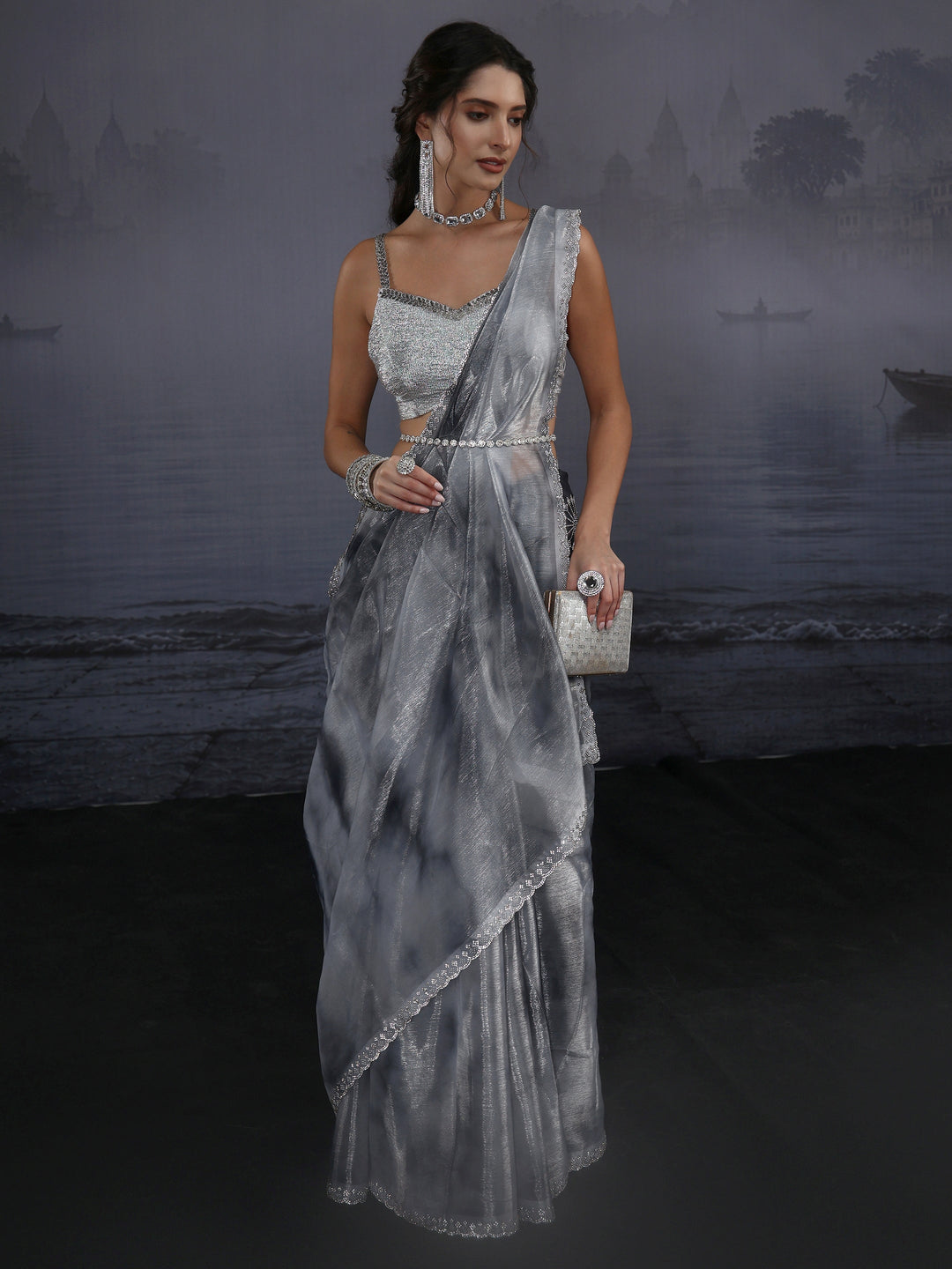  Libas Grey Stone Work Embellished Tissue Saree 