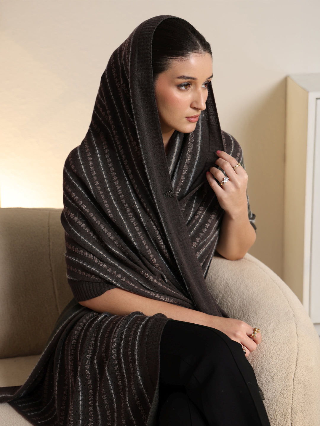  Libas Grey Striped Knitted Acrylic Wrap Shawl 
