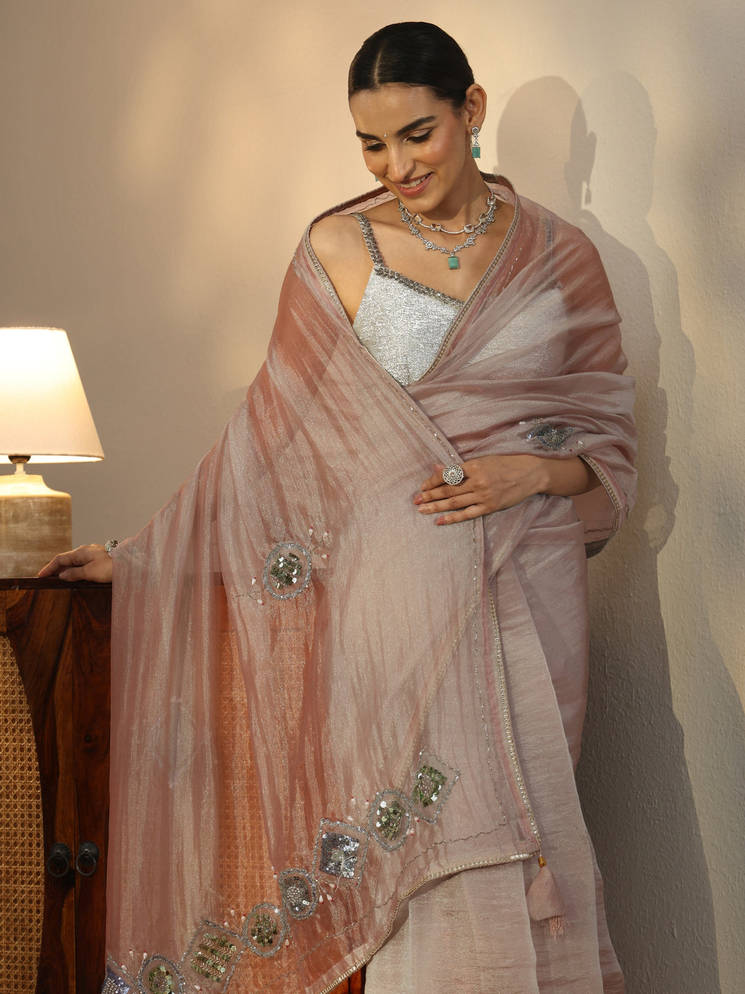  Libas Grey Tissue Saree with Applique Design 
