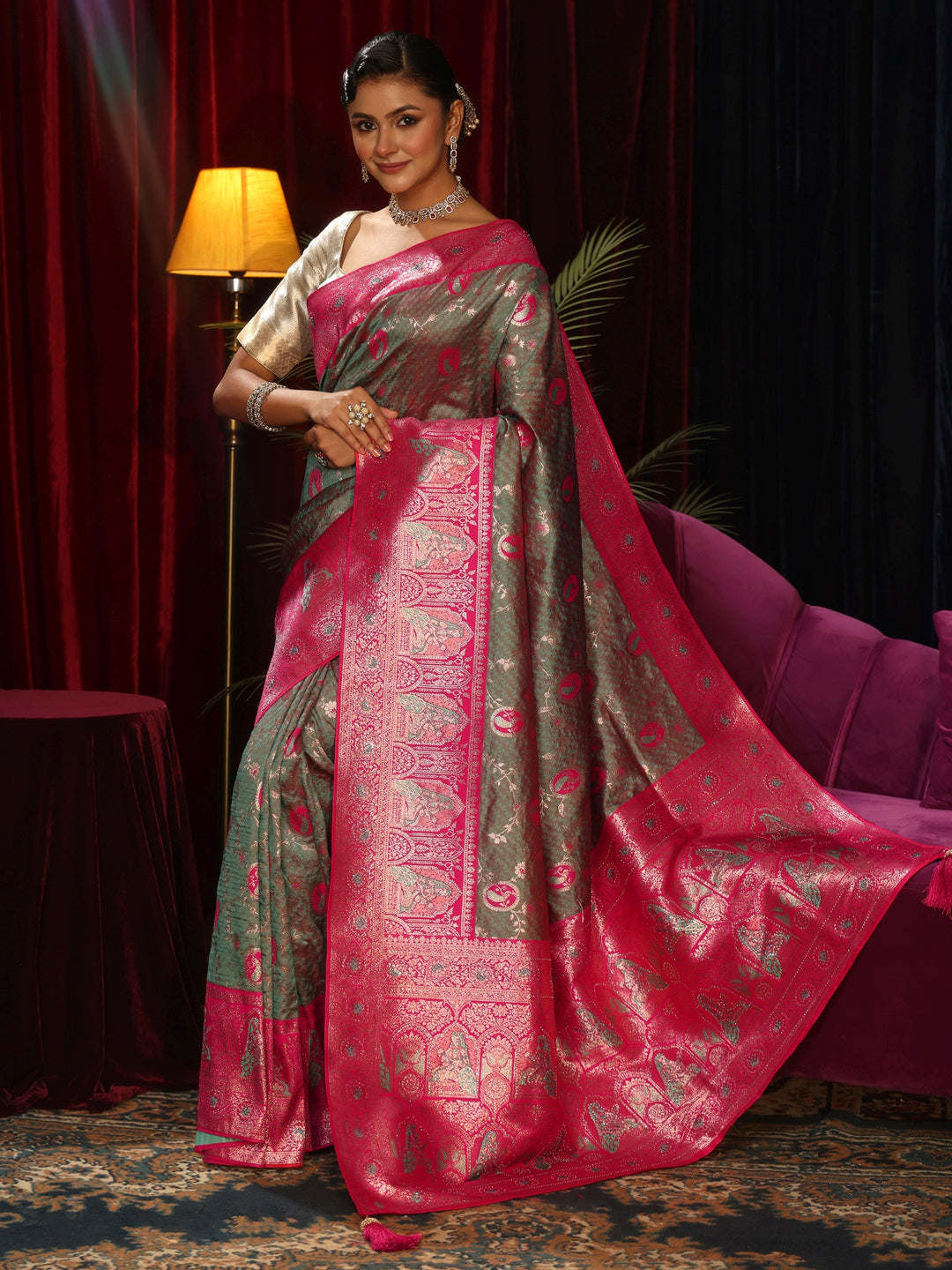 Libas Grey Woven Design Silk Blend Saree with Pink Pallu