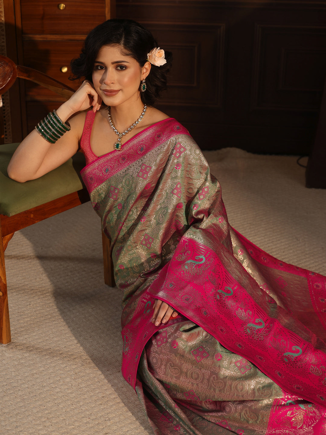 Libas Grey and Pink Woven Design Silk Blend Saree