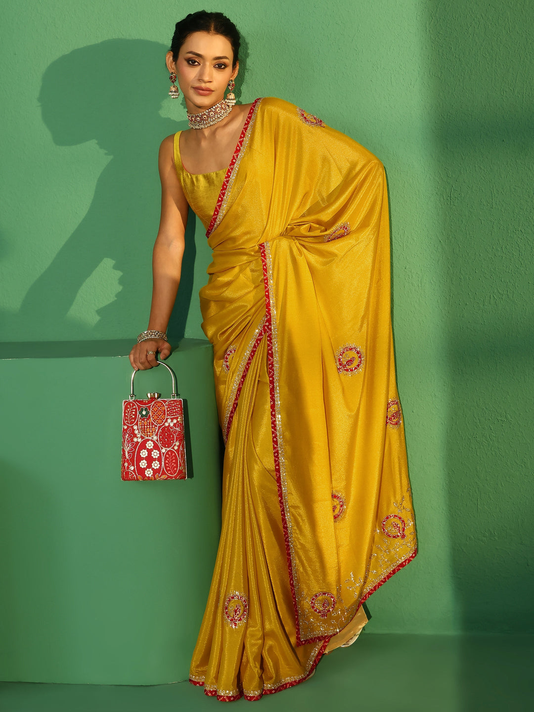  Libas Henna Green Applique Work Embellished Satin Saree 