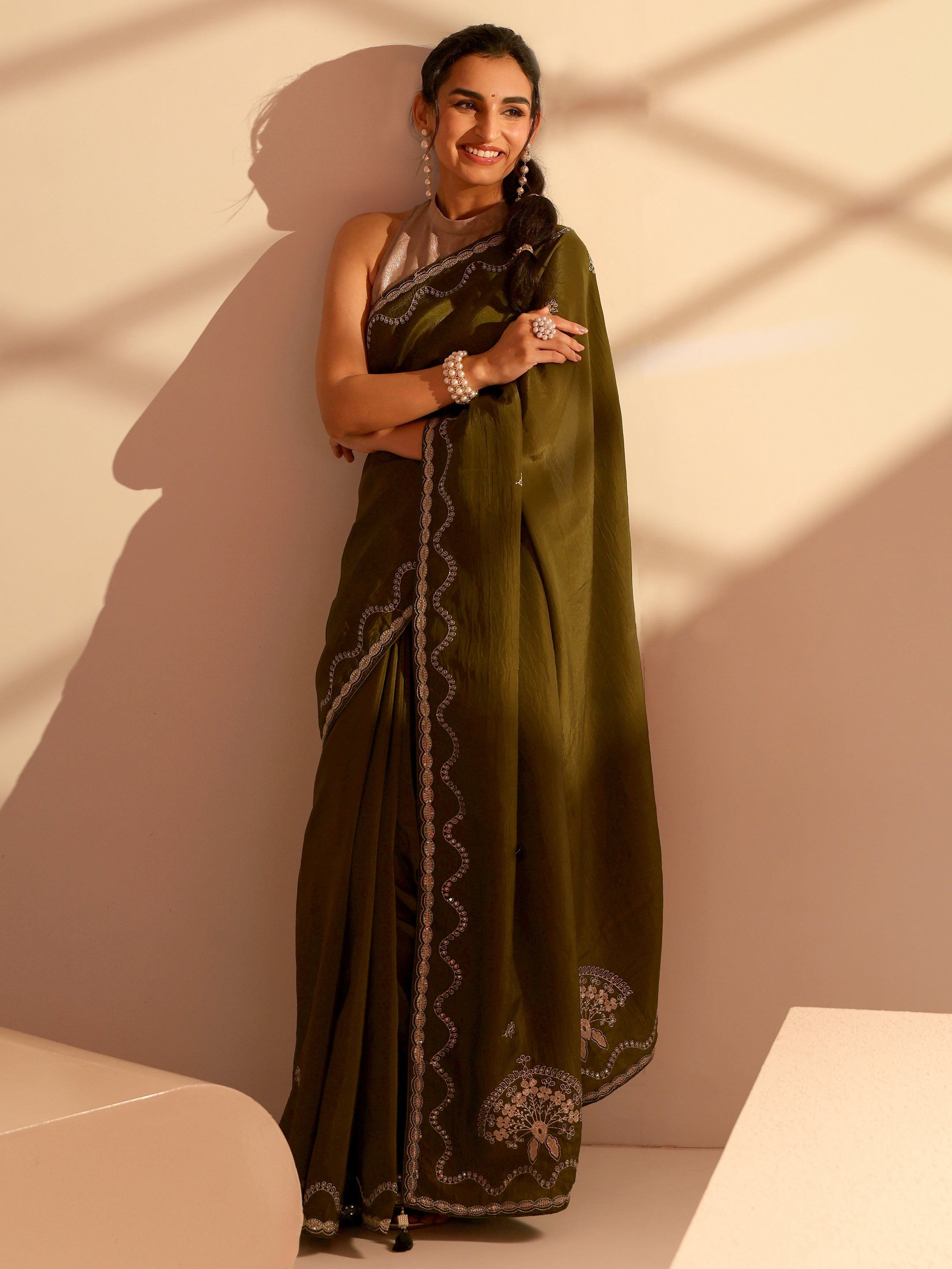 Libas Henna Green Embroidered Silk Blend Saree-picture-49