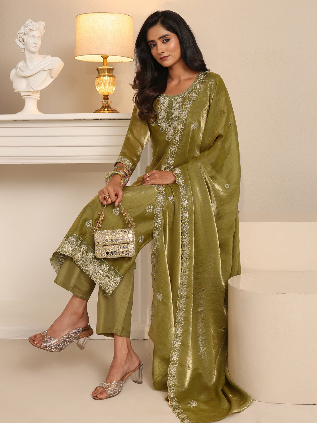  Libas Henna Green Ethnic Embroidered Organza Straight Suit Set 