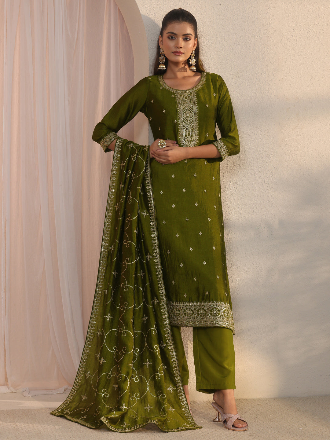  Libas Henna Green Ethnic Embroidered Silk Blend Straight Suit Set 