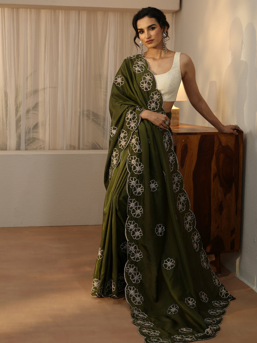  Libas Henna Green Floral Embellished Satin Saree with Scalloped Border 