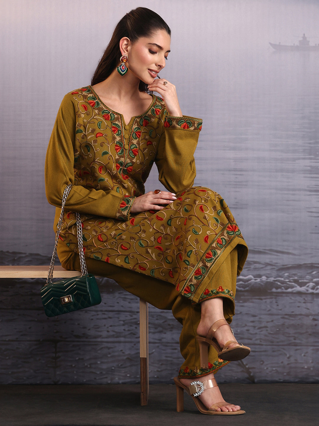 Libas Henna Green Floral Embroidered Woolen Straight Kurta