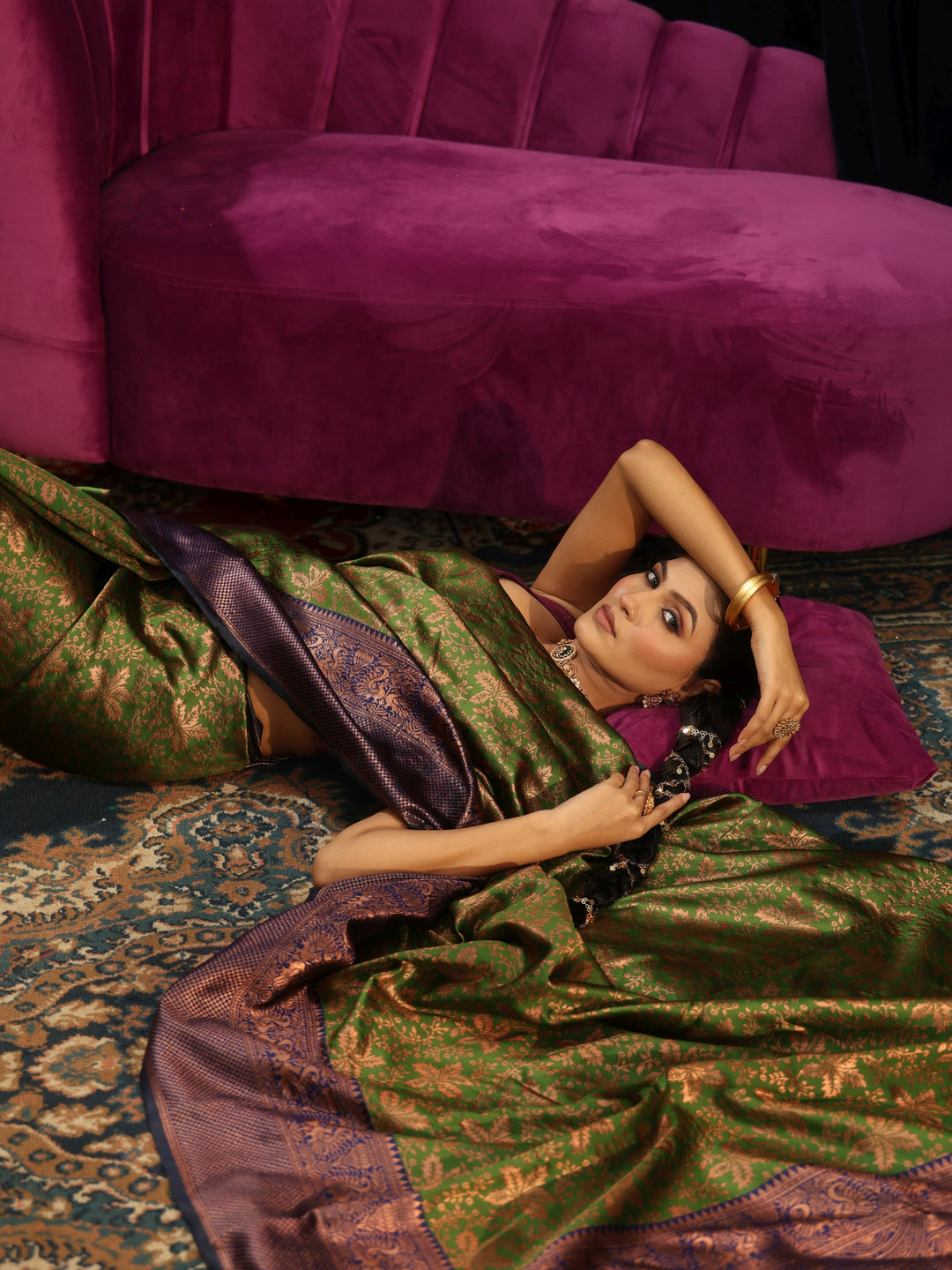  Libas Henna Green Floral Woven Design Silk Blend Saree 