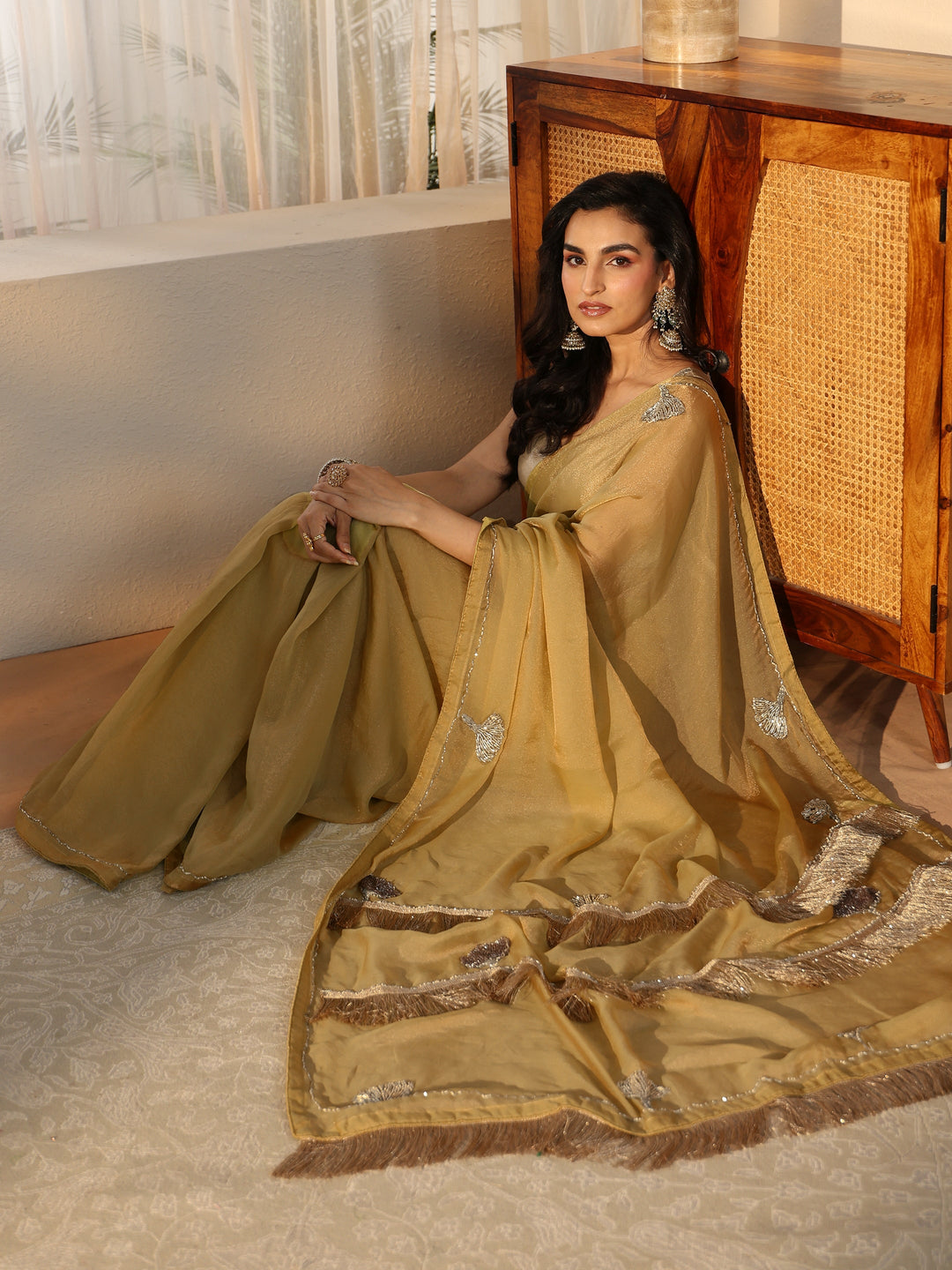  Libas Henna Green Tissue Saree with Tassel Embellished Pallu 