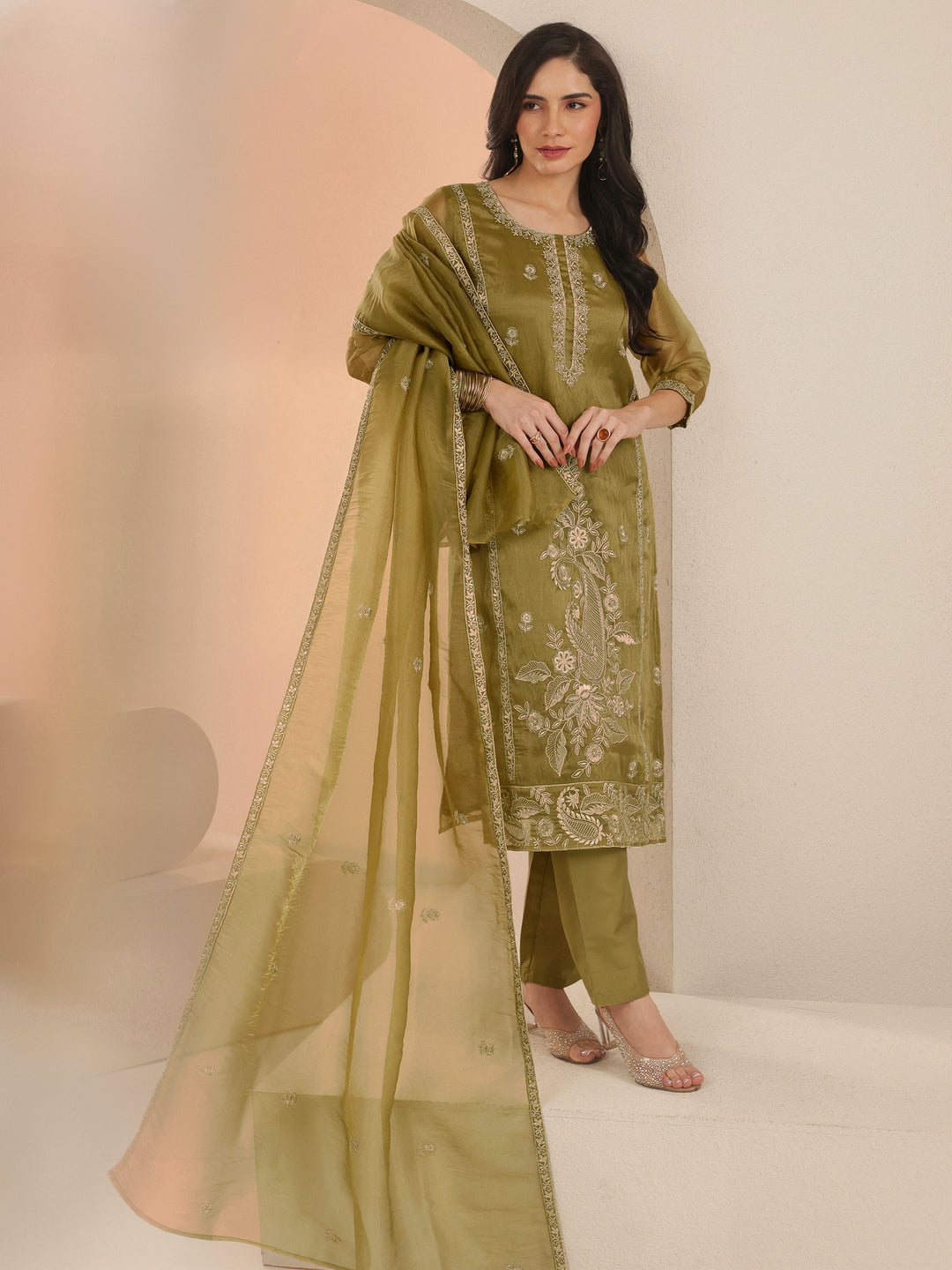  Libas Henna Yellow Paisley Embroidered Organza Straight Suit Set 
