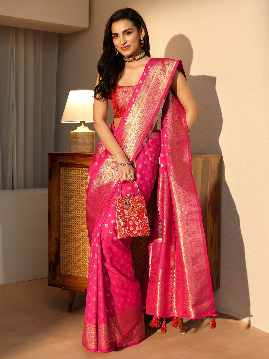  Libas Hot Pink Banarasi Silk Blend Saree 
