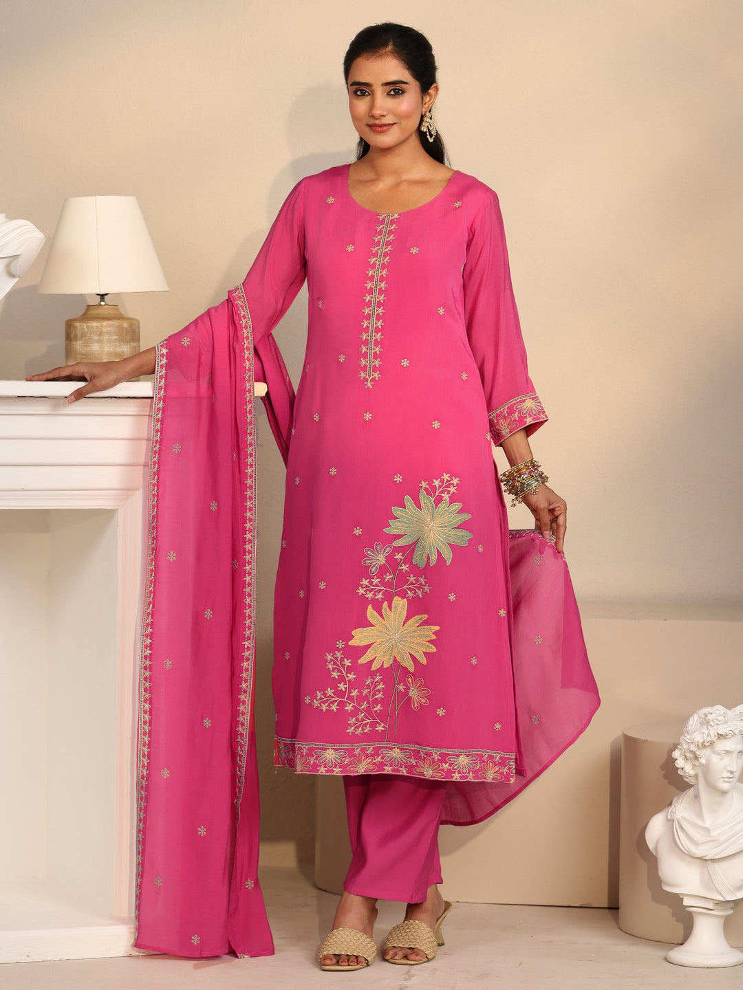  Libas Hot Pink Floral Embroidered Chanderi Silk Straight Suit Set 