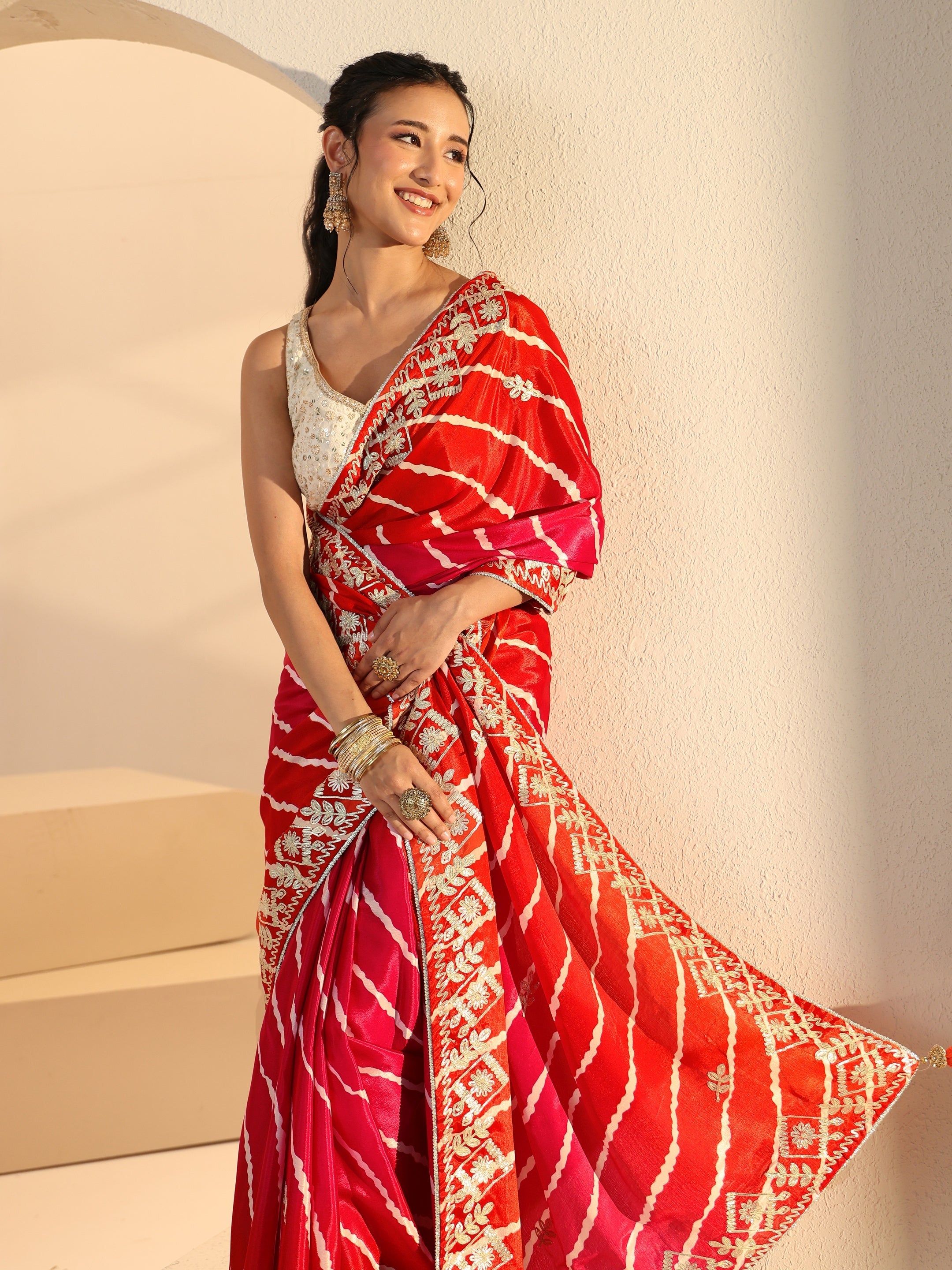 Libas Hot Pink Leheriya Printed Ombre Silk Blend Saree-image-46