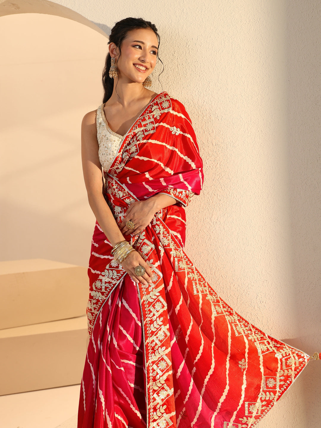  Libas Hot Pink Leheriya Printed Ombre Silk Blend Saree 