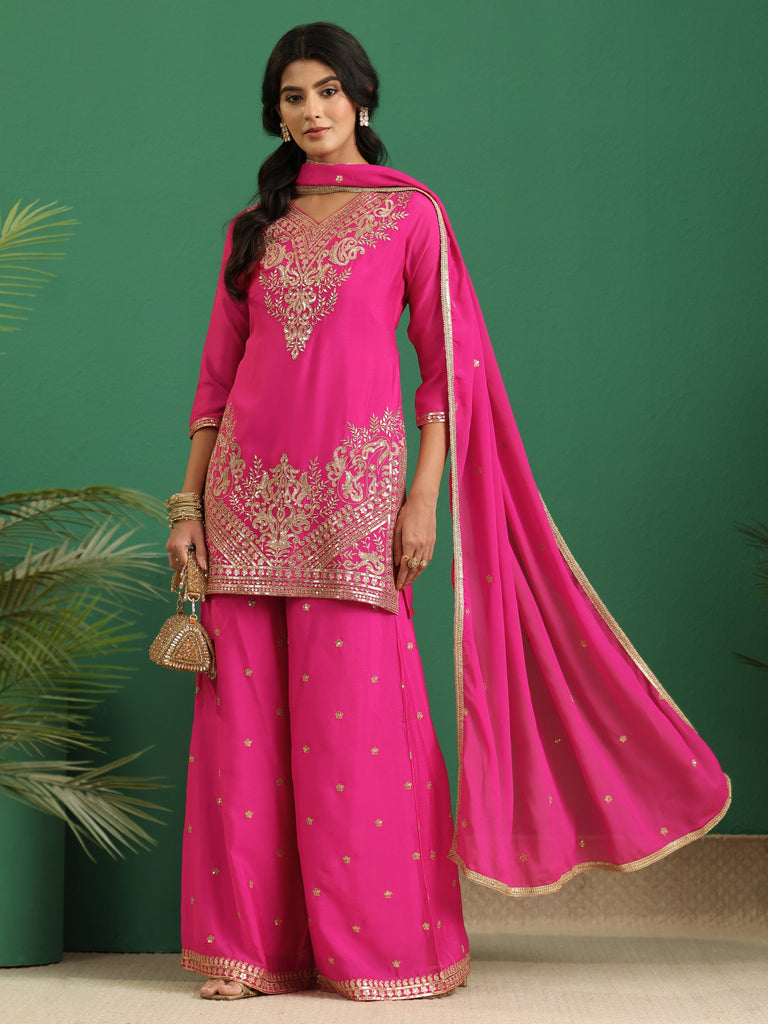 Libas Hot Pink Yoke Design Chinon Palazzo Suit Set