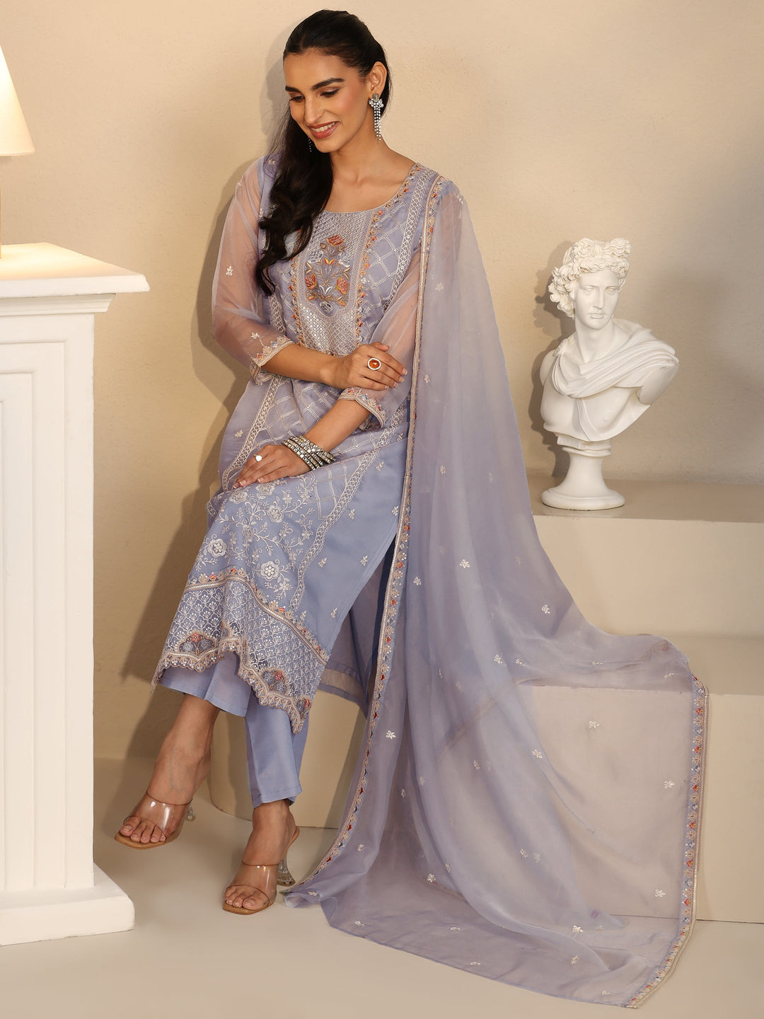  Libas Ice Blue Floral Embroidered Organza Straight Suit Set 