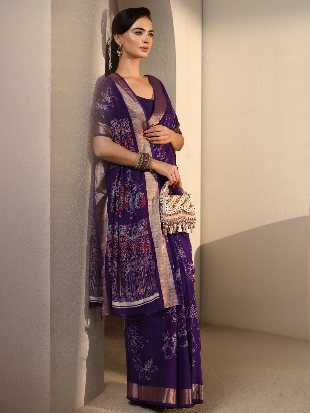 Libas Imperial Purple Floral Printed Silk Blend Saree