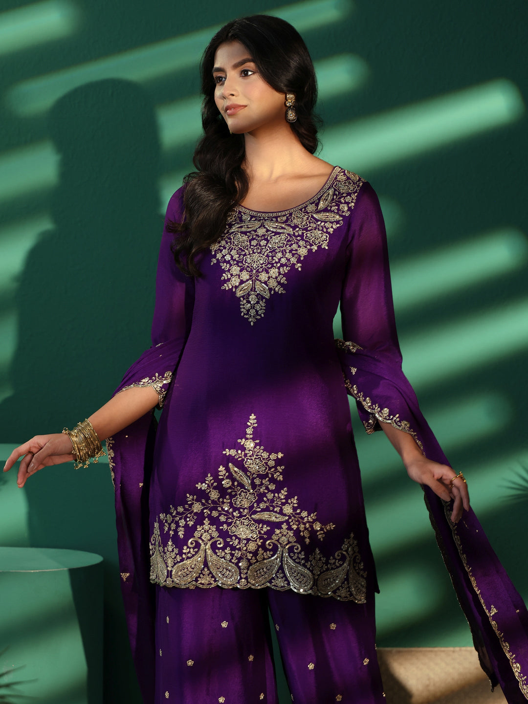  Libas Imperial Purple Paisley Embellished Chinon Palazzo Suit Set 