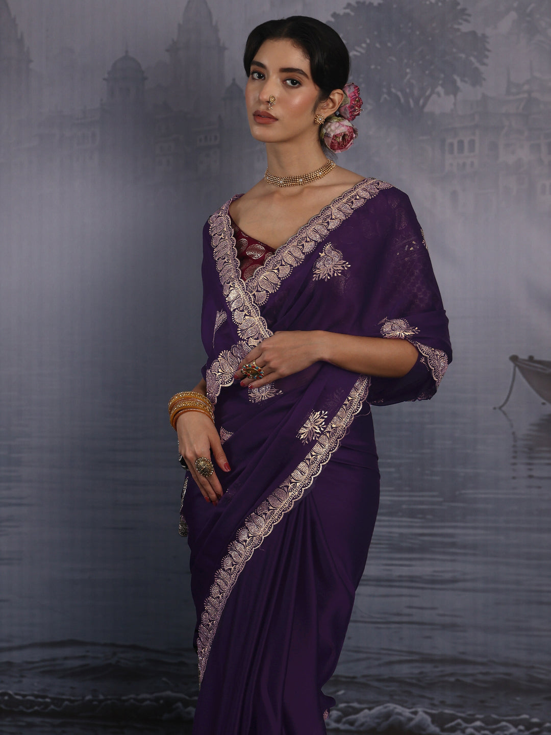  Libas Imperial Purple Stone Work Embellished Chiffon Saree 