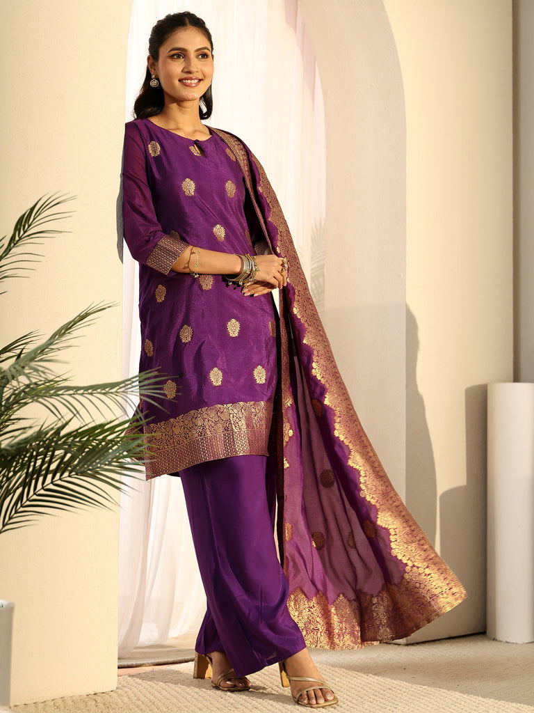 Libas Imperial Purple Woven Chanderi Silk Palazzo Suit Set